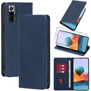 Kal-Coque Cuir Pour Xiaomi Redmi Note 10 Pro 4g 6.67"" Avec 1 Verre Trempé Etui À Rabat En Pu Porte-Cartes Portefeuille Support Flip Housse Magnétique Antichoc Anti-Rayures Case,Bleu - Neuf