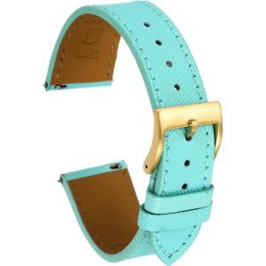 Kal-Bracelet De Monture En Cuir Véritable 22mm Avec Boucle En Acier Inoxydable Doré Pour Hommes Femmes, Vert - Neuf