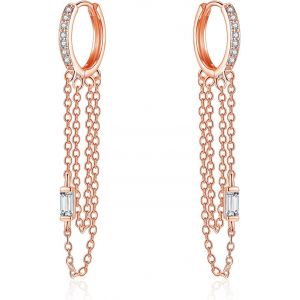 Kal-Boucles D'oreilles Créoles Pendantes En Argent Sterling 925 Avec Pompon Pour Femme - Boucles D'oreilles Créoles Avec Chaîne Et Pendentif En Forme De Goutte Avec Zircone Cubique - Petites - Neuf