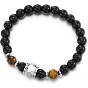 Eryi-Homme Noir Perles Bracelet Avec Brun Pierre Oeil De Tigre Perles Et Argent Baril, Prayer Mala, Extensible - Neuf