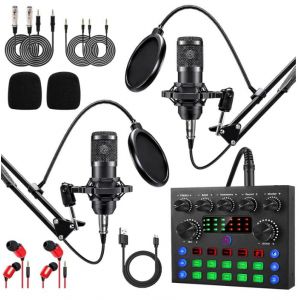 Ensemble d'équipement de podcast pour 2, interface audio avec micro cardioïde BM800 pour joueur et mixeur DJ tout-en-un, parfait pour le streaming en direct, le chant, YouTube, les jeux - Neuf