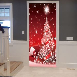 L'Effet 3D de la Porte Autocollant Rouge de l'Arbre de No&euml;l (77x200cm), Int&eacute;rieur en PVC Sticker Mural pour la D&eacute;coration Murale de Salle de S&eacute;jour Cuisine salle de Bains Chambre papier Peint - Neuf