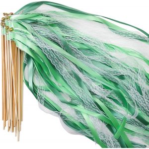30 Pièces Baguettes de Mariage fée Bâton,Baguette Mariage Ruban,Baguettes Ruban Banderoles avec Cloches,Baguettes de Mariage avec Cloches,Baguettes Ribbon (vert) - Neuf