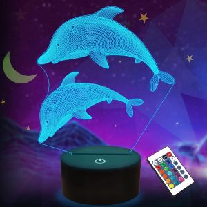 Dauphin Cadeaux Pour Enfants Filles Lampe 3D Ocean Dolphin Illusion Led Veilleuse Avec T&eacute;l&eacute;commande 16 Couleurs Changeantes D&eacute;coration Cr&eacute;ative Vacances Cadeau D'Anniversaire Gar&ccedil;on - Neuf
