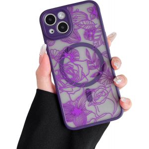 Kalanka-Coque Magnétique Pour Iphone 13 Compatible Avec Magsafe, Housse Motif De Rose Mat Translucide, Boîtier De Protection Souple Du Pare - Chocs Tpu, Violet - Neuf