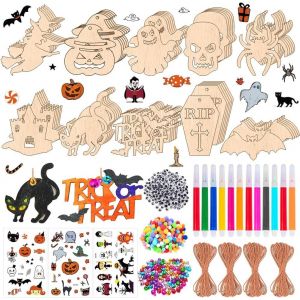 Trahoo-265 Pcs Halloween Pendentif Bois,Bricolage Halloween Enfant-Avec 60 Cordes Et 12 Stylo Couleur-Halloween Diy,Kit Peinture Enfant Pour Les D&eacute;corations Festives Et Les Activit&eacute;s Manuelles - Neuf