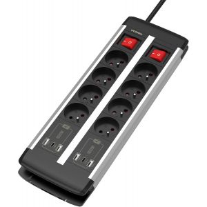 Multiprise Parafoudre 3680W 16A,8 Prises, Chargeur Rapide 20W USB A & C, 2 Interrupteurs Individuels, C&acirc;ble 2m,S&eacute;curit&eacute; & Pratique - Neuf