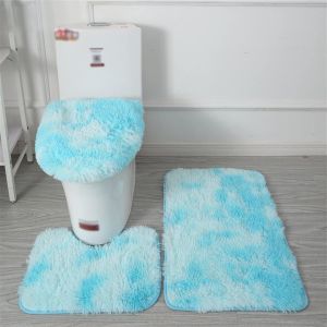 KAL-Lot De Tapis De Bain Antidérapant, 3 Pièces, Tapis Contour Toilette À Poils Longs, Shaggy Couvercle Pour Abattant Wc Tie Dye Bleu 1 - Neuf