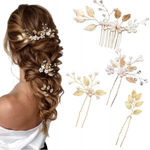 Kal-Lot De 4 Épingles À Cheveux De Mariée - Feuilles Dorées - Perles De Cristal - Vintage - Accessoires De Cheveux De Mariage - Avec Strass - Pour Mariées Et Demoiselles D'honneur (4 Styles) - Neuf