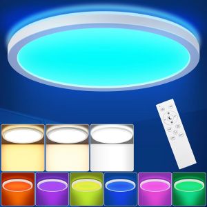 Rgb Led Plafonnier Dimmable, 18W 1800Lm Changement De Couleur Plafonnier Led Avec Télécommande, 4000K Veilleuse, 3000K-6500K Plafonnier Rond 2.5Cm Ultra Fin Pour Salon, Chambres D'Enfants Ø22Cm - Neuf