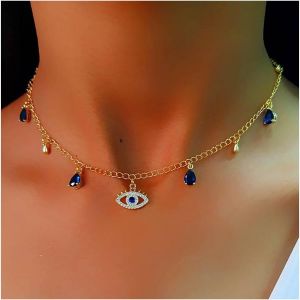Kal-Collier Saphir Bohémien Pendentif Mauvais Oeil Collier Ras De Cou Oeil Du Diable Collier Saphir Goutte D'eau Collier Oeil En Cz Bijoux Pour Femmes Et Filles Cadeaux - Neuf