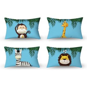TRAHOO-30x50cm Lot de 4 Mignonne Dessin anim&eacute; Animal Housse de Coussin Foresta Scimmia Giraffa Floreale Pianta Beige Doux Court Peluche Carr&eacute; B&eacute;b&eacute; Taie d'oreiller Enfant F&ecirc;te Canap&eacute; Chambre Sofa - Neuf