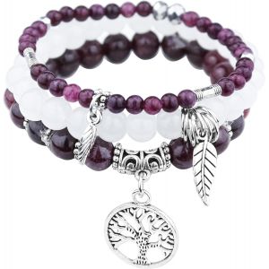 Kalanka-3 Pcs Bracelet Pierre Naturelle Femme,Boho Bracelet Perles Femme Avec Pendentif Arbre De Vie,Bracelets De Yoga Femmes,17-24 Cm Bracelets Pierre Coloré,Bijoux Cadeau Pour Femmes Fille - Neuf