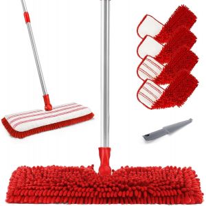 Moiuy-Balai Serpillère, Balais Nettoyer Sol Avec Manche Télescopique De 127 Cm, Serpillère Plate Avec 4 Tampons En Chenille, Balai Microfibre De Nettoyage Sol Pour Bois Dur, Carrelage, Stratifié - Neuf