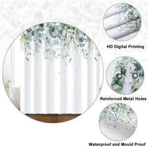 TZF-Rideau Douche Anti Moisissure, Rideau de Douche &Eacute;troit 90x180cm Vert Feuilles d'eucalyptus Bleu Aquarelle Petit Rideaux de Baignoire Tissu Lavable Imperm&eacute;able Rideaux de Bain avec 6 Crochets - Neuf