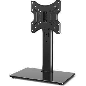 Support TV sur Pied sur Base en Verre Trempé, Hauteur Réglable Support TV Universel pour Télévision de 23 à 43 Pouces LCD/LED/OLED/Plasma/Incurvé avec Pivot à 40 Degrés, Noir - Neuf