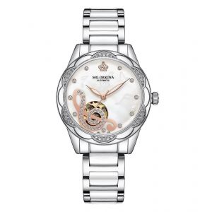 Montre-Bracelet Mecanique Pour Femme, Cadran En Forme De Petale Ajoure En Cristal, Automatique, Analogique (Blanche) Ref. : 4938 - Neuf