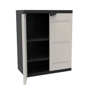 Armoire basse 2 portes TITANIUM PLASTIKEN avec &eacute;tag&egrave;res - Beige et Noire - Int&eacute;rieur/Ext&eacute;rieur - Neuf