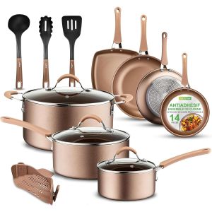 Subzonal-Nutrichef Batterie De Cuisine Antiadh&eacute;sive, Poele Et Casserole Induction, Comprenant Casseroles, Po&ecirc;les, Cocotte, Couvercles Et Ustensiles De Cuisine, 14 Pi&egrave;ces, Dor&eacute; Brillant - Neuf