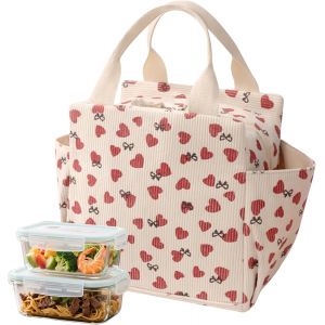 Ulteronixshop-Sac Isotherme Repas Femme Enfant, Grande Capacit&eacute; Lunch Bag, Imprim&eacute; C?urs Beige Sac Repas, Sac Lunch Box Avec Poches Lat&eacute;rales, Lunchbag pour &Eacute;cole Travail Pique Nique Voyage, Cadeau F - Neuf