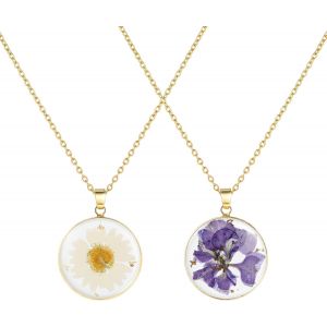 Kal-2 Pièces Collier Fleurs Pressées, Collier Fleur Naissance, Bijoux Fait Main Pour Femmes Filles, Chrysanthème En Cristal - Neuf