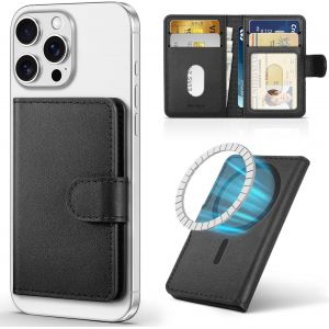 CAUC-Portefeuille Magnétique en Cuir Authentique, Porte-Cartes [RFID Blocage][Fente pour Carte][Mince et Léger] Card Slot Leather Wallet pour iPhone 16/15/14/13/12 ¿ Noir - Neuf