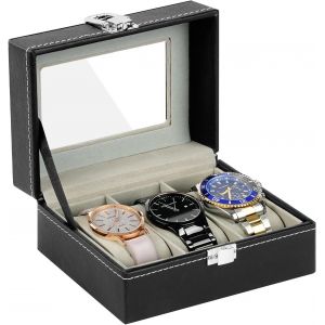 Kal-Boîte À Montres À 3 Emplacements, Coffret À Montre En Pu, Écrin À Montre Avec Couvercle En Verre, Amovibles Coussinets Boîte De Rangement Pour Montres Bijoux Femme Homme, Noir - Neuf