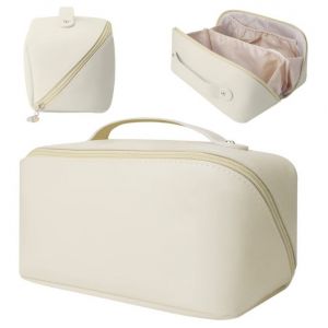 Trousse de maquillage de voyage grande capacité, trousse de maquillage portable, organiseur en cuir imperméable, trousse de toilette avec compartiment séparateur (beige) - Neuf