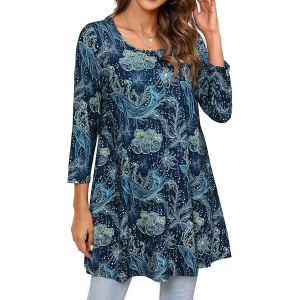 Utigh-Tunique Femme Longue Grande Taille À Manches 3/4 Chic Et Élégante Chemisier Haut Ample À Motifs Couleur Unie Col Rond T-Shirts Blouses - Neuf