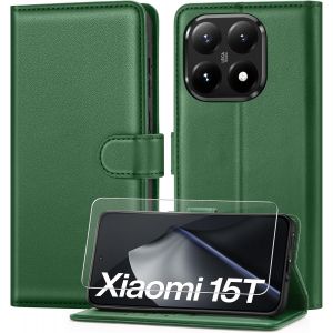 acdsgd-Coque pour Xiaomi 15T 5G avec Verre Tremp&eacute;, &eacute;tui Cuir PU Magn&eacute;tique Pochette de Portefeuille , Housse de Fonction Stand Video Porte Carte Credit &agrave; Rabat pour Xiaomi 15T -Vert - Neuf