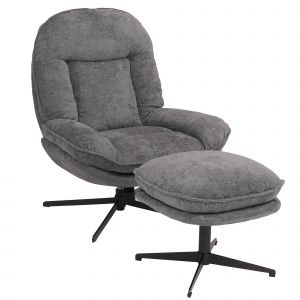 Fauteuil relax avec repose-pieds HWC-P32, fauteuil TV suspension Nosag, pivotant m&eacute;tal tissu/textile chenille (370 g/m&sup2;)gris - Neuf