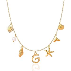 Kal-Colliers À Breloques Initiales Pour Femmes Et Filles, Colliers Plaqués Or 14 Carats Avec Lettres De A À Z, Coquillages, Bohème, Été, Coquillages, Alphabet - Neuf