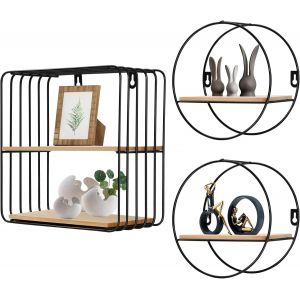 CAUC-Lot de 3 Etagere Murale Noire en M&eacute;tal, &Eacute;tag&egrave;res Flottantes &Eacute;tag&egrave;res Murales, D&eacute;coration Murale, Rangement et &Eacute;tag&egrave;re &agrave; Livres pour Salle de Bain, Salon, Cuisine, Chambre, Rond + Carr&eacute; - Neuf