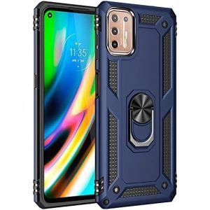 Kal-Coque Motorola Moto G9 Plus, + Verre Trempé, Étui De Protection Soft Tpu + Pc, Heavy Duty, Slim Dual Layer Protective Housse Etui Coque Avec Support De Bague En Métal, Bleu - Neuf