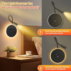 Subzonal-Applique Murale Avec Chargeur Usb, 12w Led Col De Cygne Lumière Avec Interrupteur Tactile,Liseuse Murale, Lampe De Lecture À Intensité Variable, 360 °Applique Liseuse Orientable - Neuf