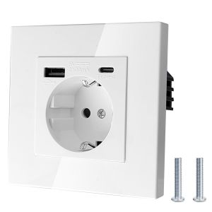 8,5 x 8,5 cm - Blanc - Prise murale simple - Prise murale avec USB-A et Type-C - Prise 1 compartiment plaque - Prise murale 3 en 1 encastr&eacute;e pour iPhone iPad Galaxy - Neuf