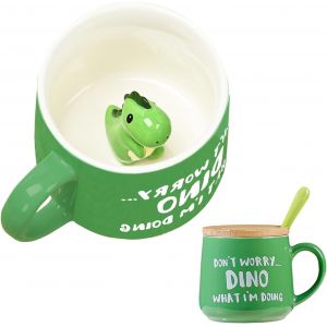 Cadeau Pour Femme-Tasse À Café Avec Couvercle Cuillère-Motif Dinosaures Mignons-Pour La Saint-Valentin,La Fête Des Mères,Halloween,Noël,Pour Sa Femme,Maman,Grand-Mère,Garçon,Fille - Neuf