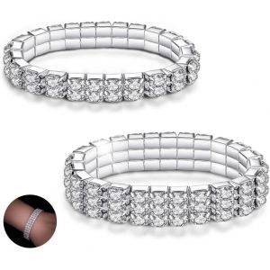 Eryi-2 Pièces Bracelets Extensibles En Strass, Tennis Diamant, Bijoux Empilables De Mariée Étincelants En Cristal D'argent, Élastique Pour Fête De Mariage Femmes - Neuf