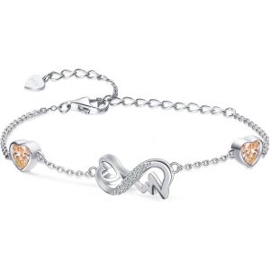 Eryi-Bracelet Infini Coeur Argent Sterling 925 Bracelet Femme Avec 2 Coeurs Pierres De Naissance Réglables Infinity Heart Ecg Bracelets, Belle Bijoux Cadeau D'anniversaire Pour Fille Maman - Neuf