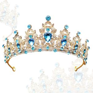 Kal-Tiara Cristal Couronne, 1 Pcs Tiare Baroque Pour Femme, Couronne Diademe En Cristal, Diadème De Princesse Bridal Bandeau Pour Bal De Fin D'année, Concours De Beauté, Mariage (Or/Bleu) - Neuf