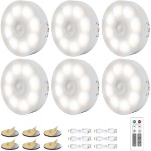 6 Packs Dimmable Lampe Detecteur Mouvement [Avec T&eacute;l&eacute;commande], Veilleuse Led Automatique, 3 Temp&eacute;ratures De Couleur, Rechargeable Par Usb, Veilleuse Sans Fil Pour Placard, Armoire, Escalier - Neuf