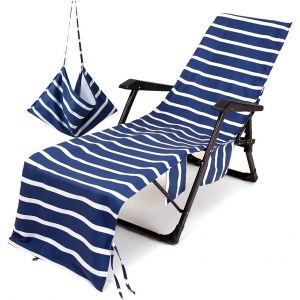 Letnerny-Housse De Cha De Plage Longue En Microfibre, Couleur Unie Ray¿¿ Serviette De Plage Avec Poches De Rangement, Housse De Transat Pliable Et L¿¿G¿¿Re Pour Bain De Soleil, Jardin (Bleu Fonc¿¿) - Neuf