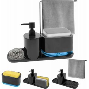 Bhhbb-Distributeur De Liquide Vaisselle Et Savon Cuisine 4 En 1 - Noir Avec Support Éponge Et Porte-Torchon, Organisateur D'évier Multifonction Pour Cuisine - Neuf