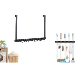 Support mural pour balai et serpilli&egrave;re avec crochets et pinces, solution de rangement &agrave; suspendre &agrave; une porte - Neuf