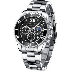 Eryi-Montre Homme Acier Chronographe: Montre Bracelet Argent Noir Analogique Quartz - Montre Etanche Lumineuses Calendrier Élégant Cadeau Pour Hommes - Neuf