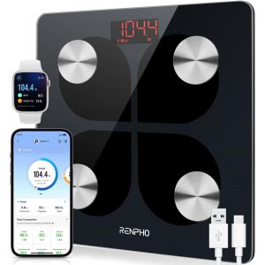 Balance Pèse Personne Rechargeable Usb, Balance Connecté Bluetooth Impedancemetre Avec 13 Données Corporelles (Bmi/Muscle/Eau/Graisse Corporelle), 11""X11¿, 400bl/180kg, Noir - Neuf