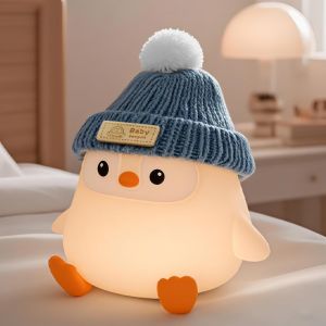 Veilleuse En Silicone En Forme De Pingouin Mignon Gris Avec Chapeau Tricoté, Veilleuse Douce Pour Chambre D'enfant, Rechargeable Par Usb/Intensité Variable, Lampe De Chevet Led Fantaisie - Neuf