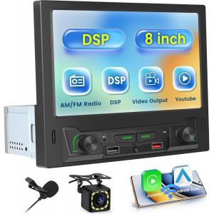Autoradio 1 Din Avec Wireless Carplay Android Auto, 8"" Écran Tactile Poste Radio Voiture Bluetooth Avec Dsp, Radio Am/Fm, Lecture De Vidéos Youtube, Sortie Vidéo, Swc, Camera De Recul, Mic - Neuf