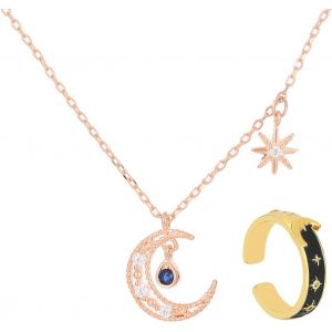2 Pièces Ensemble Lune Étoile Parure De Bijoux Bague Lune Étoile Bague Céleste Réglable Collier Pendentif Une Étoile Vintage Bague Cadeau Pour Femmes Filles - Neuf