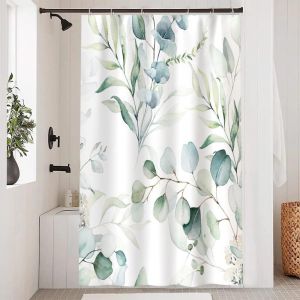 Tianyi-Rideau Douche 120x200cm, Rideau De Douche Anti Moisissure Vert Feuilles D'eucalyptus Fleuri Blanc Rideaux De Baignoire Tissu Lavable Imperméable Rideaux Salle De Bain Avec 8 Crochets - Neuf
